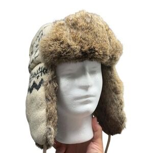 Paul Winlund Crowncap Trapper Hat Real Rabbit Fur Wool Nordic Snowflake Cream